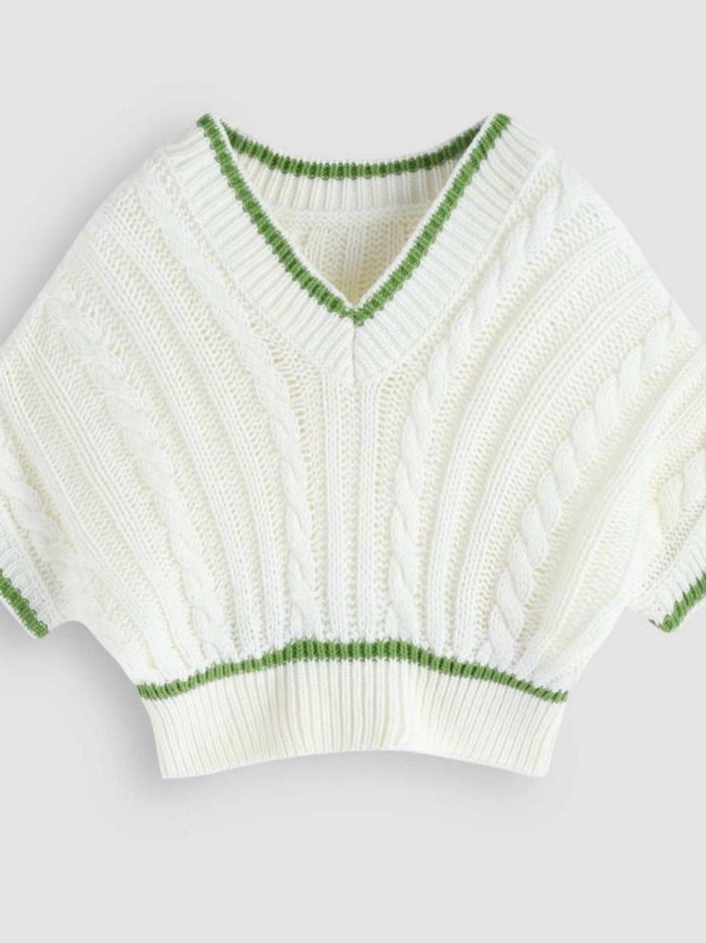 Cider Cream Cropped Cable-Knit V-Neck Sweater with Green Trim